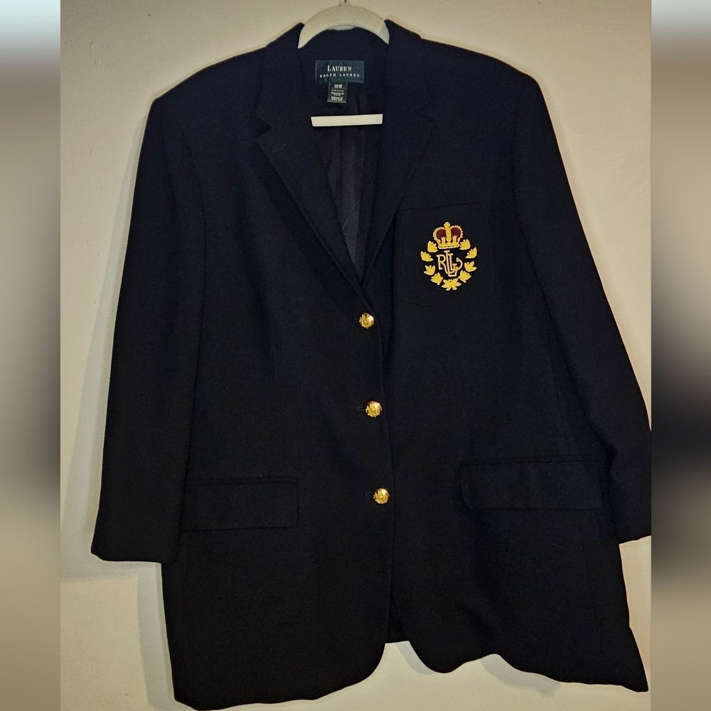 Ralph Lauren Vintage Black Wool Blazer 18  Gold Crest Buttons Bullion Crest Chic - Picture 2 of 10